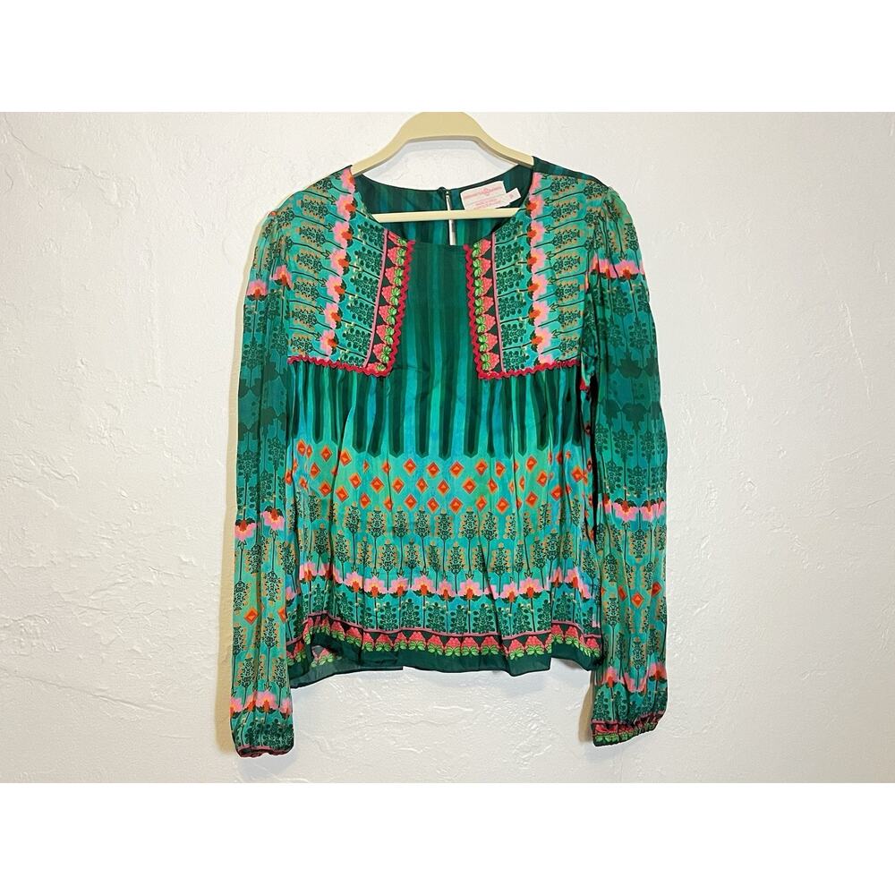 Siddhartha Bansal Green Geometric Pattern Blouse Long Sleeve Women's S
